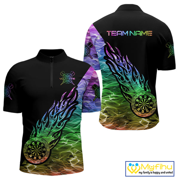 Colorful Rainbow Fire Flame Darts Polo & Quarter Zip Custom Dart Shirt For Men Dart Jerseys TDM3995