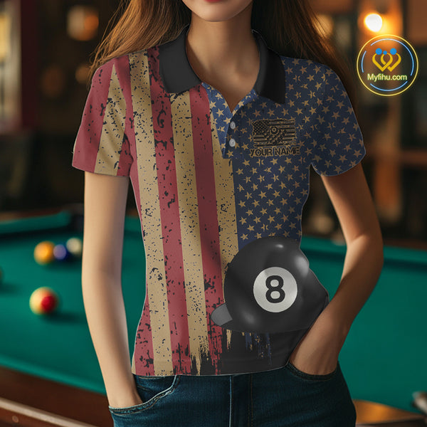 Vintage American Flag 8 Ball Billiard Shirts For Women Custom Patriotic Pool Team Jerseys TDM3998
