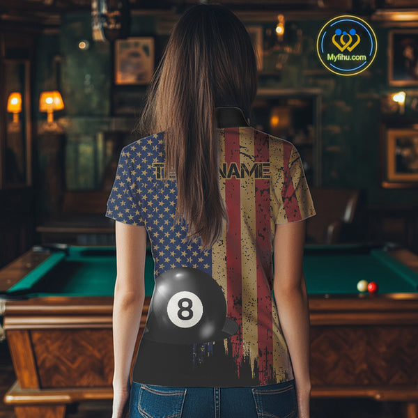 Vintage American Flag 8 Ball Billiard Shirts For Women Custom Patriotic Pool Team Jerseys TDM3998