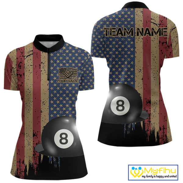 Vintage American Flag 8 Ball Billiard Shirts For Women Custom Patriotic Pool Team Jerseys TDM3998