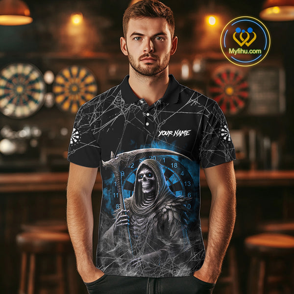 Black And Blue Grim Reaper Smoke Funny Dart Shirts For Men Custom Dart Jerseys, Darts Clothing TDM4005