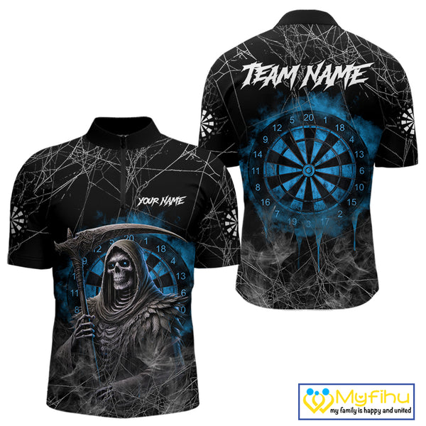 Black And Blue Grim Reaper Smoke Funny Dart Shirts For Men Custom Dart Jerseys, Darts Clothing TDM4005