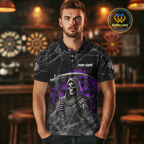 Black And Purple Smoke Grim Reaper Funny Dart Shirts For Men Custom Dart Jerseys, Darts Clothing TDM4006