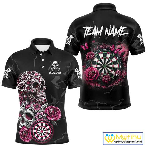 Personalized Pink Funny Skull Roses Darts Shirt For Men Custom Darts Team Jersey, Darts Outfit TDM4354