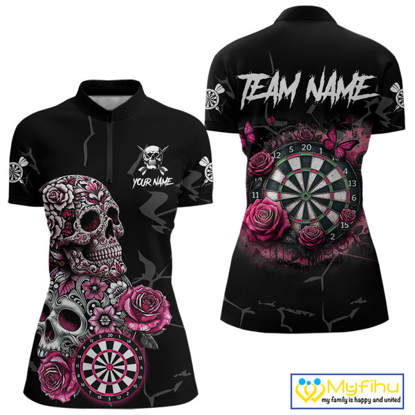Personalized Pink Funny Skull Roses Darts Shirt For Women Custom Darts Team Jersey, Darts Outfit TDM4354