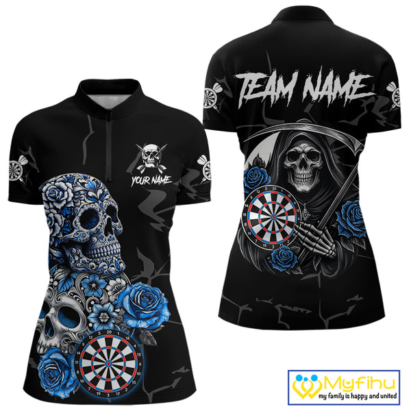 Personalized Blue Funny Skull Roses Darts Shirt For Women Custom Darts Team Jersey, Darts Outfit TDM4355
