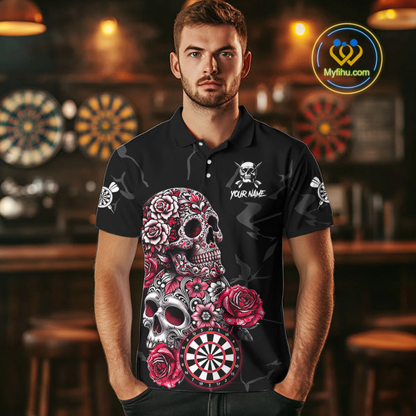 Personalized Red Funny Skull Roses Darts Shirt For Men Custom Darts Team Jersey, Darts Outfit TDM4356
