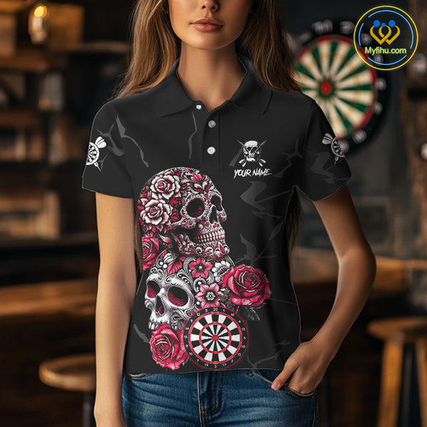 Personalized Red Funny Skull Roses Darts Shirt For Women Custom Darts Team Jersey, Darts Outfit TDM4356