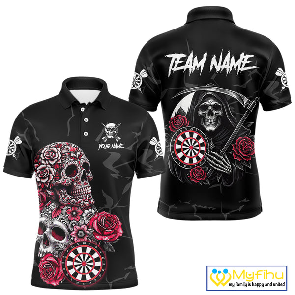 Personalized Red Funny Skull Roses Darts Shirt For Men Custom Darts Team Jersey, Darts Outfit TDM4356