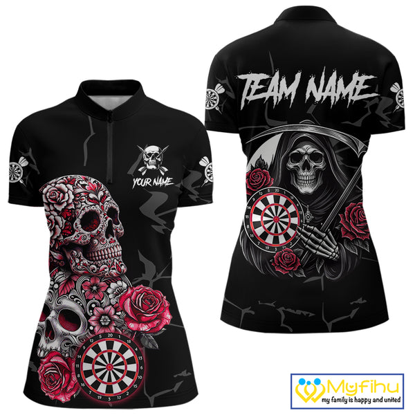 Personalized Red Funny Skull Roses Darts Shirt For Women Custom Darts Team Jersey, Darts Outfit TDM4356