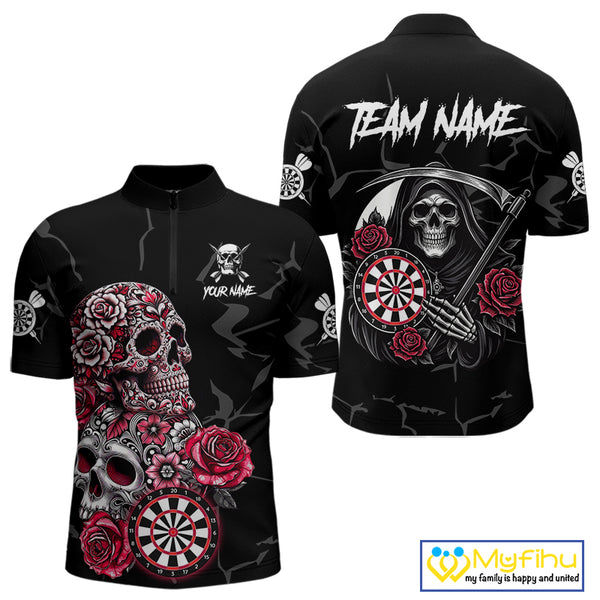Personalized Red Funny Skull Roses Darts Shirt For Men Custom Darts Team Jersey, Darts Outfit TDM4356