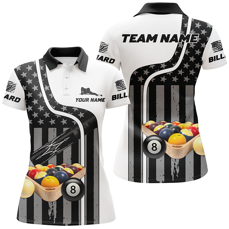 Billiard Balls American Flag Custom Name 3D Billiard Polo Shirts For Women, Best Billiards Gift Idea TDM0118