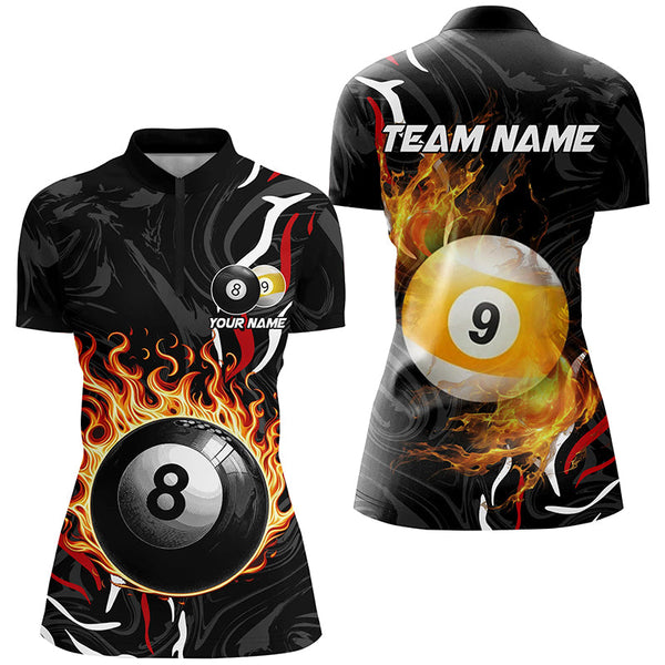 Personalized 8 Ball & 9 Ball Fire Flame Women Billiard Shirts, 3D Billiard Jerseys For Team Pooler TDM2504