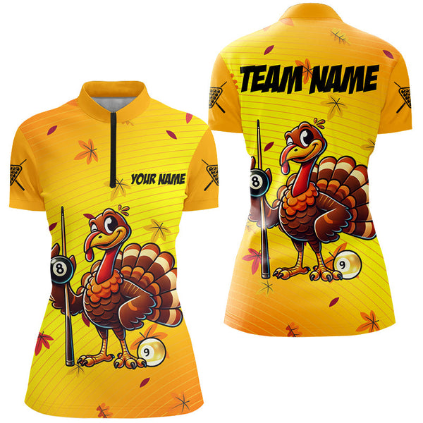 Yellow Funny Turkey Women Billiard Shirts Custom Thanksgiving Shirt For Pool Lover, Billiard Jerseys TDM2753