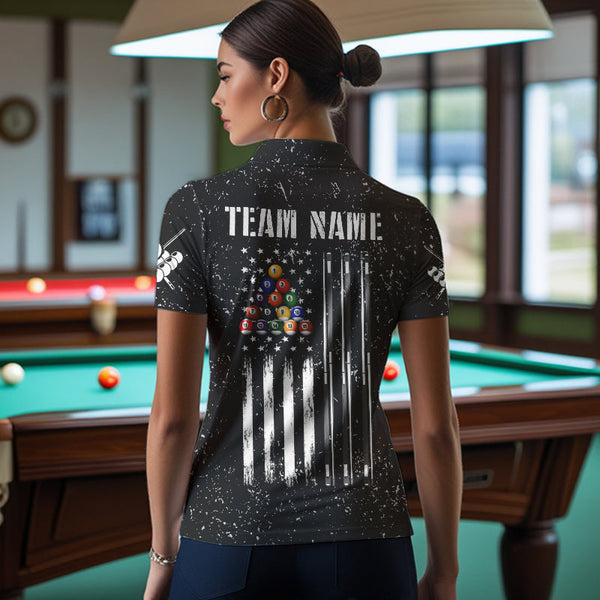 Personalized Black Grunge US Flag Billiard Balls Polo, 1/4 Zip For Women, 8 Ball Pool Billiard Jersey TDM3573