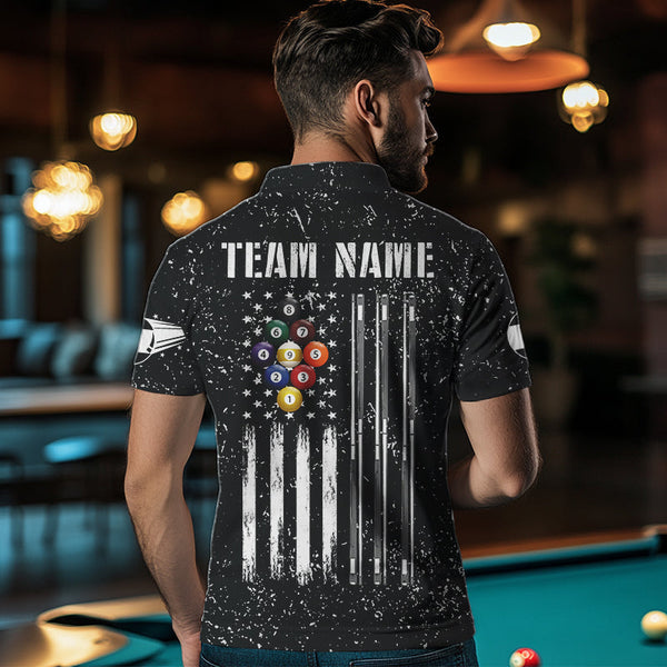 Personalized Black Grunge US Flag Billiard Balls Polo, 1/4 Zip For Men, 9 Ball Pool Billiard Jersey TDM3574