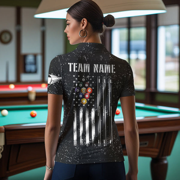 Personalized Black Grunge US Flag Billiard Balls Polo, 1/4 Zip For Women, 9 Ball Pool Billiard Jersey TDM3574