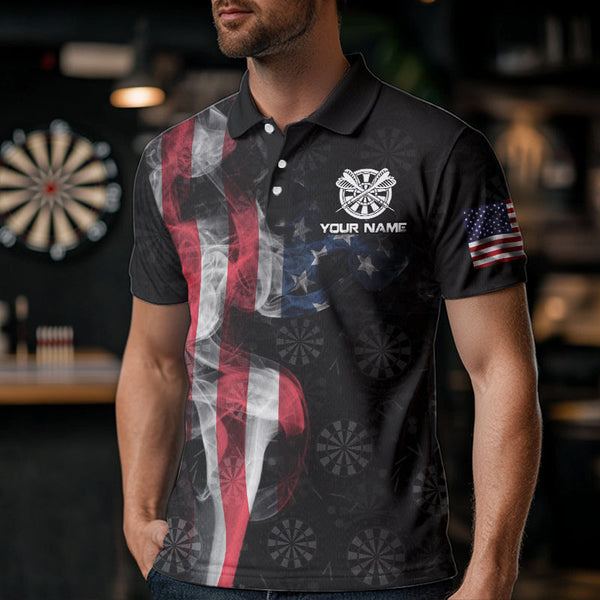Smoke American Flag Darts Polo, Quarter-Zip Shirt Custom Patriotic Dart Shirts For Men Dart Jerseys TDM3577