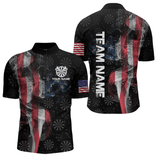 Smoke American Flag Darts Polo, Quarter-Zip Shirt Custom Patriotic Dart Shirts For Men Dart Jerseys TDM3577