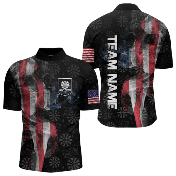 Smoke American Flag Darts Polo, Quarter-Zip Shirt Custom Patriotic Dart Shirts For Men Dart Jerseys TDM3577
