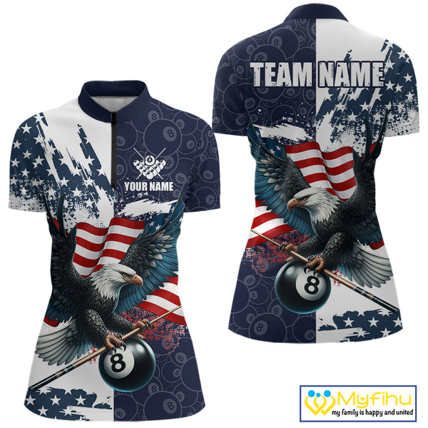 Personalized American Flag Eagle Women Billiard Shirt Custom Patriotic 8 Ball Pool Team Jersey |Navy TDM4369