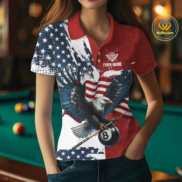 Personalized American Flag Eagle Women Billiard Shirt Custom Patriotic 8 Ball Pool Team Jersey |Red TDM4370