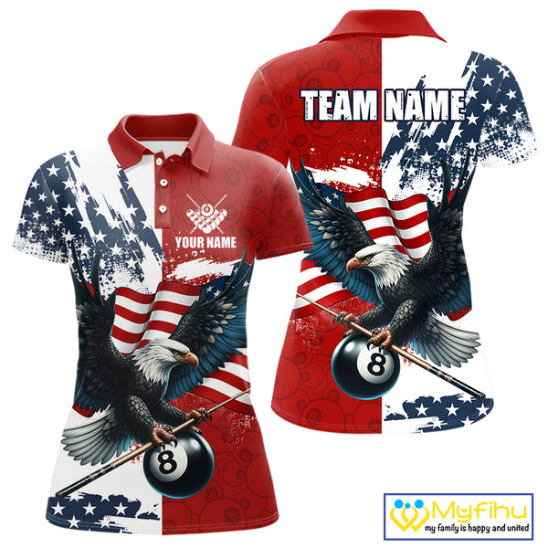 Personalized American Flag Eagle Women Billiard Shirt Custom Patriotic 8 Ball Pool Team Jersey |Red TDM4370
