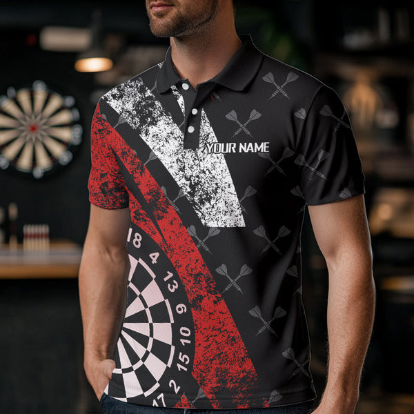 Black And Red Grunge Darts Polo & Quarter Zip Custom Darts Shirts For Men, Best Darts Team Jerseys TDM3447