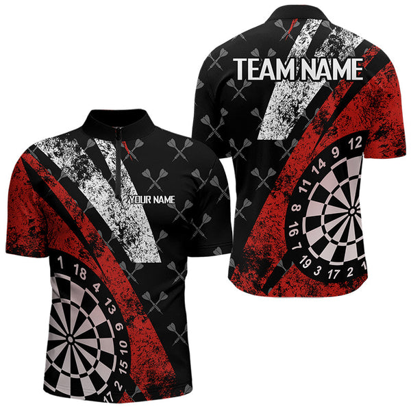 Black And Red Grunge Darts Polo & Quarter Zip Custom Darts Shirts For Men, Best Darts Team Jerseys TDM3447