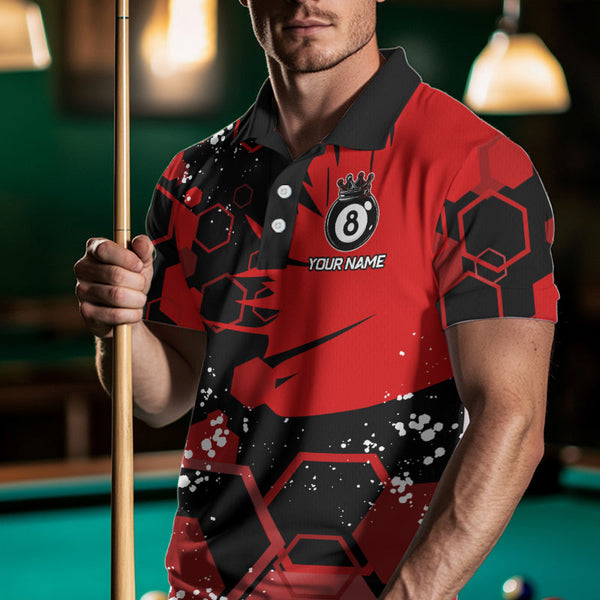 Personalized Black Red 8 Ball Crown Hexagon Billiard Shirts For Men, Pool Billiard Team Jerseys TDM3588