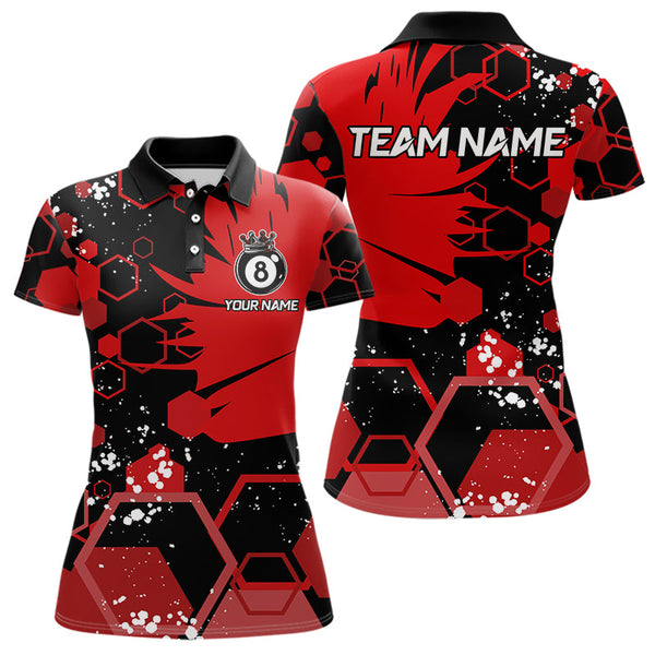 Personalized Black Red 8 Ball Crown Hexagon Billiard Shirts For Women, Pool Billiard Team Jerseys TDM3588