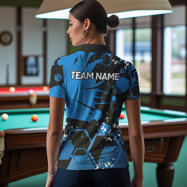 Personalized Black Blue 8 Ball Crown Hexagon Billiard Shirts For Women, Pool Billiard Team Jerseys TDM3589