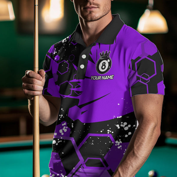 Personalized Black Purple 8 Ball Crown Hexagon Billiard Shirts For Men, Pool Billiard Team Jerseys TDM3590
