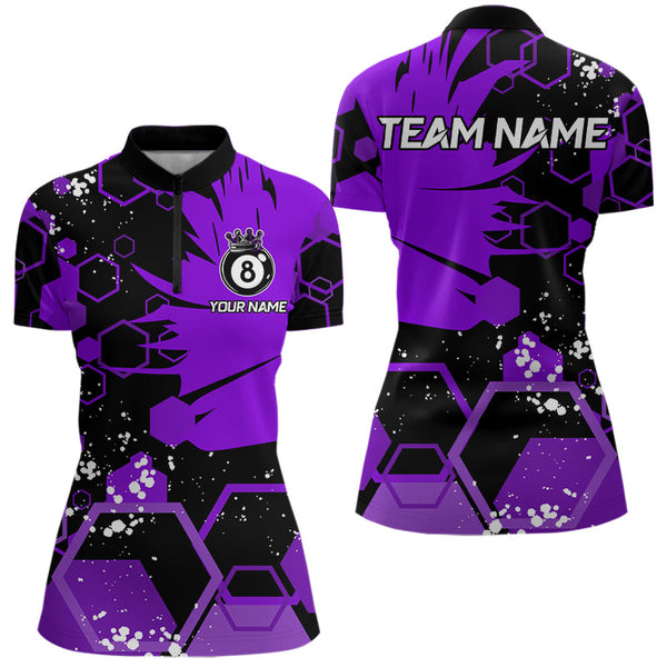 Personalized Black Purple 8 Ball Crown Hexagon Billiard Shirts For Women, Pool Billiard Team Jerseys TDM3590