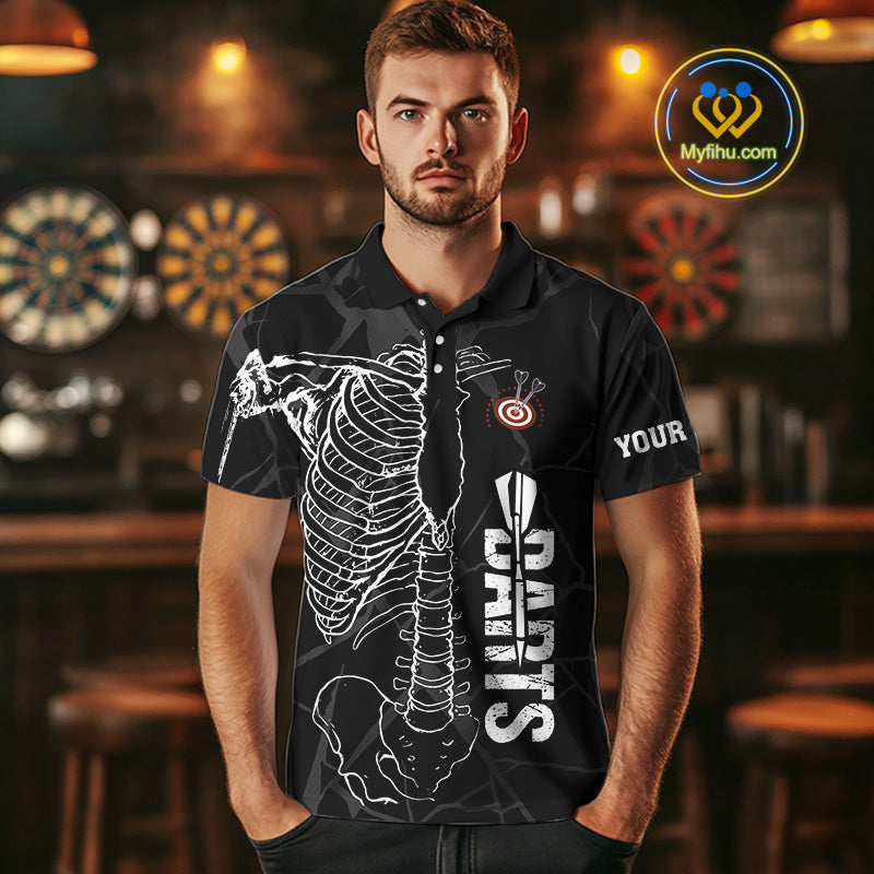 White Skeleton Custom Black Grunge Darts Polo & 1/4 Zip, Funny Dart Shirts For Men Dart Jerseys TDM3746