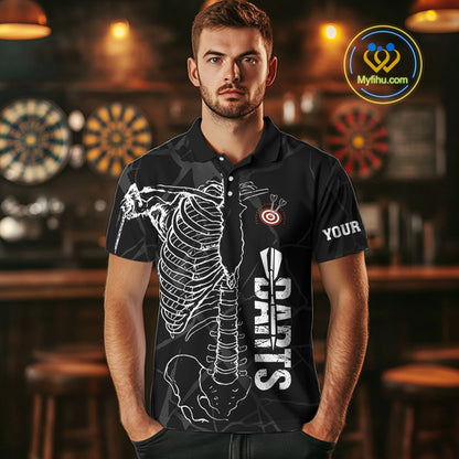 White Skeleton Custom Black Grunge Darts Polo & 1/4 Zip, Funny Dart Shirts For Men Dart Jerseys TDM3746