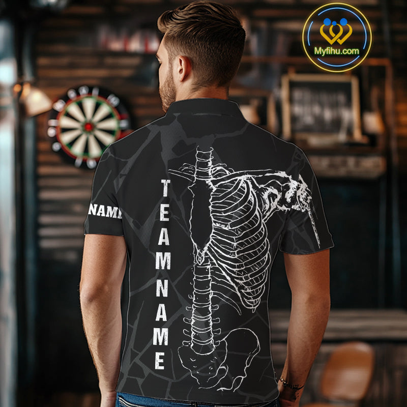 White Skeleton Custom Black Grunge Darts Polo & 1/4 Zip, Funny Dart Shirts For Men Dart Jerseys TDM3746