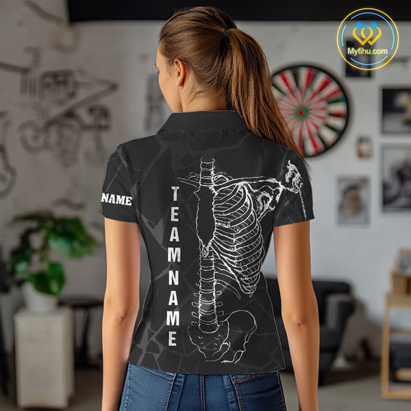 White Skeleton Custom Black Grunge Darts Polo & 1/4 Zip, Funny Dart Shirts For Women Dart Jerseys TDM3746