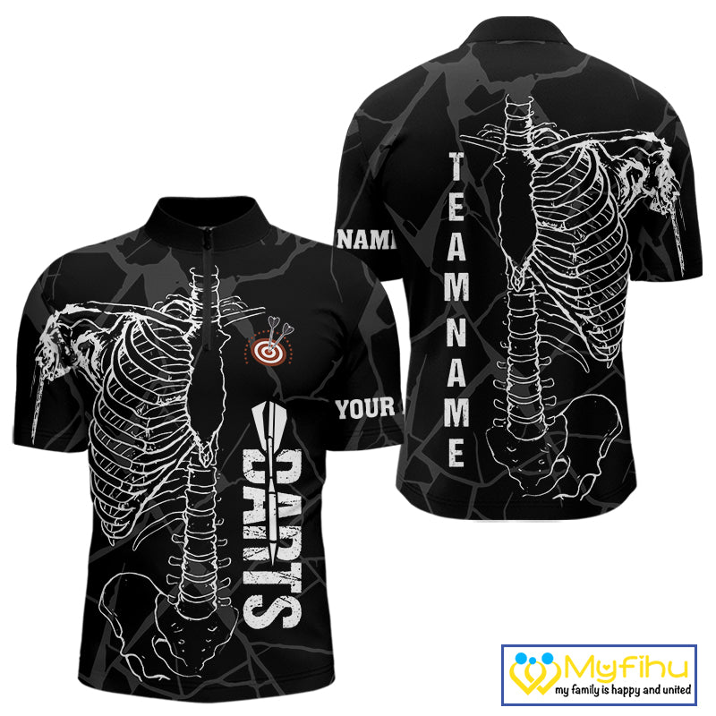 White Skeleton Custom Black Grunge Darts Polo & 1/4 Zip, Funny Dart Shirts For Men Dart Jerseys TDM3746