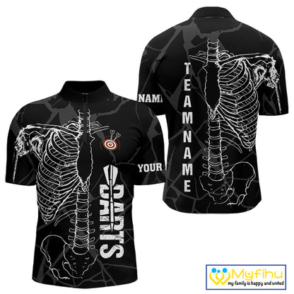 White Skeleton Custom Black Grunge Darts Polo & 1/4 Zip, Funny Dart Shirts For Men Dart Jerseys TDM3746