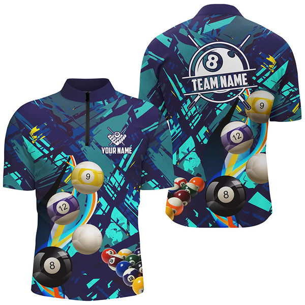 Personalized Blue Billiard Balls Men Polo And Quarter-Zip Shirts, Colorful Billiard Jerseys Shirts TDM2042