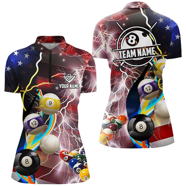 Personalized Billiard Balls American Flag Lightning Women Billiard Shirts, Patriotic Billiard Jerseys TDM2043