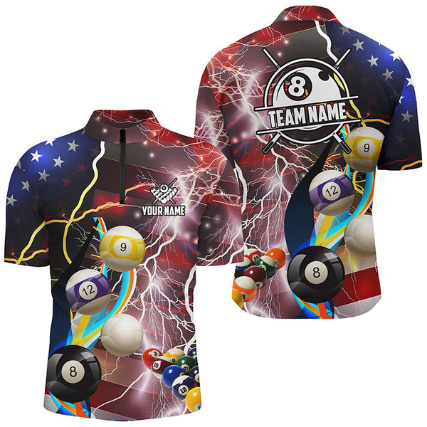 Personalized Billiard Balls American Flag Lightning Men Billiard Shirts, Patriotic Billiard Jerseys TDM2043