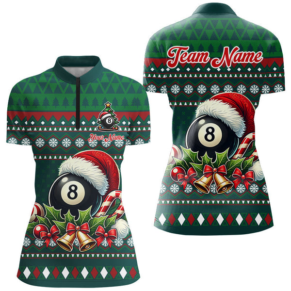 Funny Green Christmas Santa 8 Ball Pool Billiard Shirts For Women Custom Xmas Billiard Jerseys TDM3012