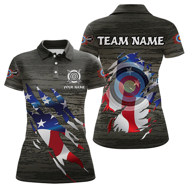 Personalized Grey Grunge USA Flag Archery Shirts For Women, American Patriotic Archery Team Jerseys TDM3243