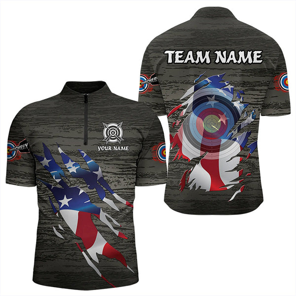 Personalized Grey Grunge USA Flag Archery Shirts For Men, American Patriotic Archery Team Jerseys TDM3243