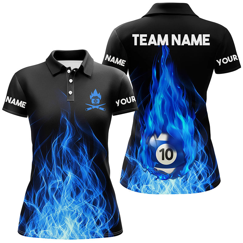 Custom Name Blue Flaming Billiard 3D Polo Shirts For Women Custom Billiard 10 Ball Pool For Team TDM0942