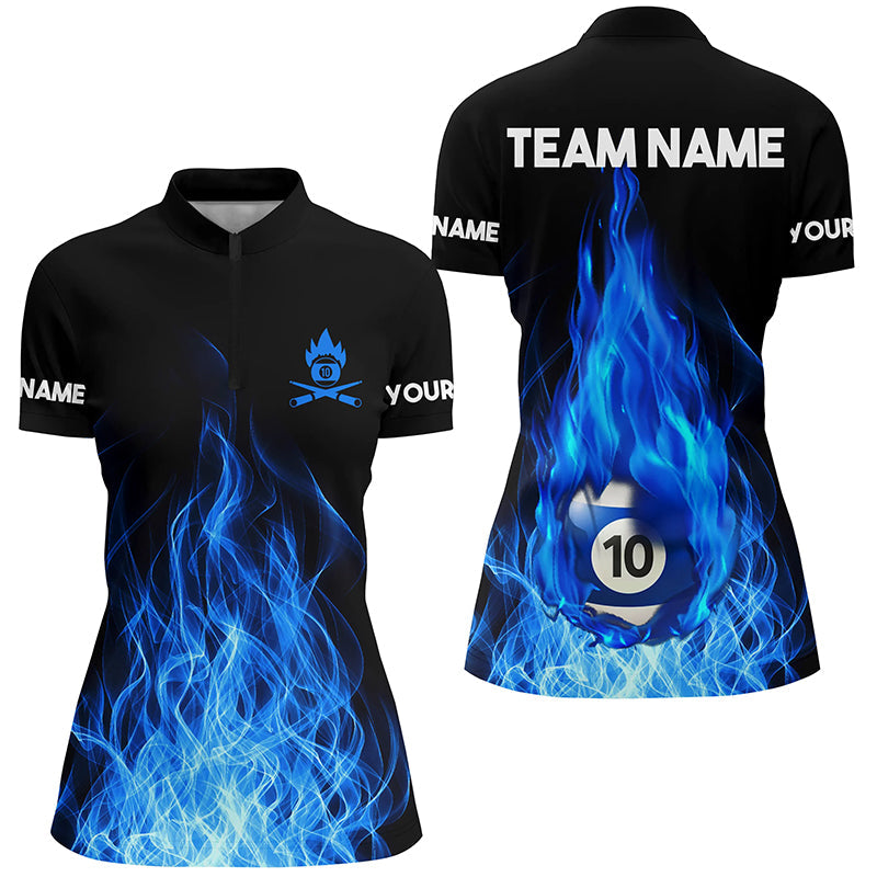 Custom Name Blue Flaming Billiard 3D Women Quarter-Zip Shirt, Billiard 10 Ball Pool For Team TDM0942