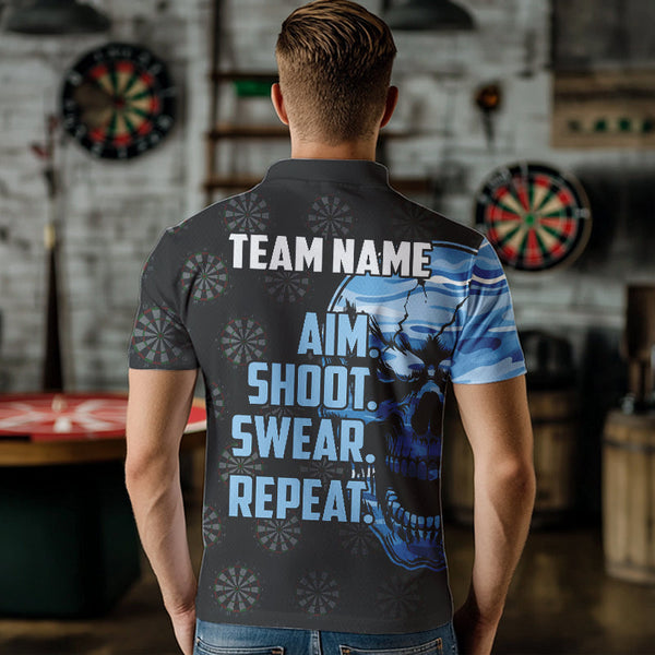 Funny Blue Camo Darts Skull Aim Shoot Swear Repeat Custom Dart Shirts For Men Darts Team Jerseys TDM3595