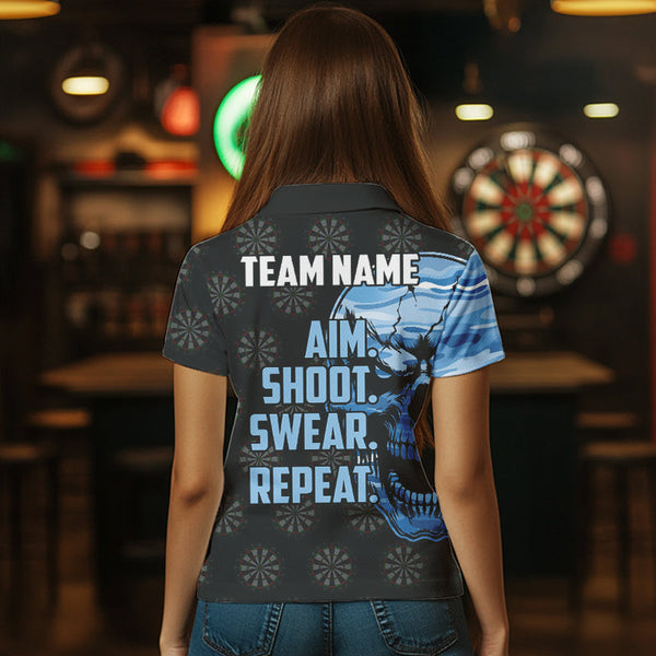 Funny Blue Camo Darts Skull Aim Shoot Swear Repeat Custom Dart Shirts For Women Darts Team Jerseys TDM3595